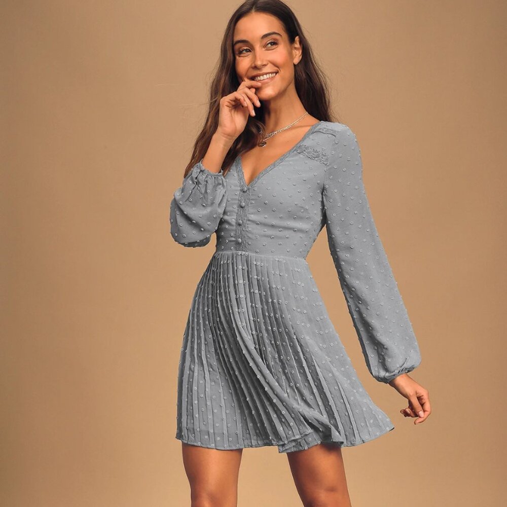 Dusty Blue Swiss Dot Long Sleeve Pleated Mini Dress
